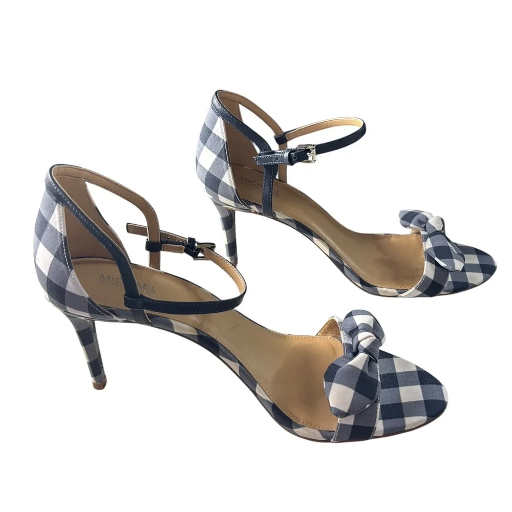 Michael Kors Pippa Sandals Women 9M Admiral Blue White Gingham Bow Stiletto Heel
